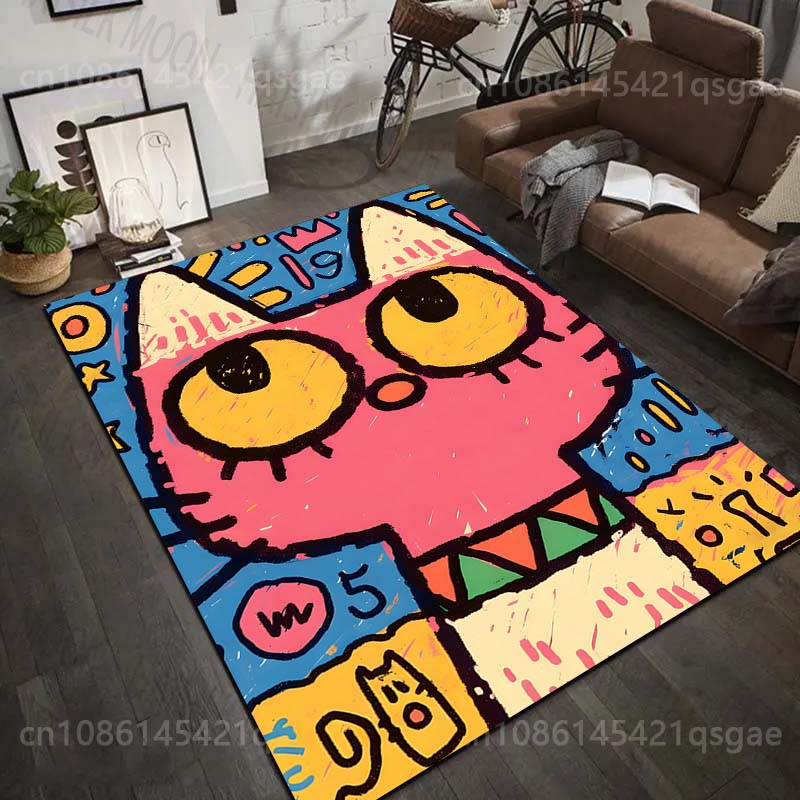 Multiple Sizes Pink Cat Cartoon Graffiti Style Carpet for Living Room Bedroom Sofa Home Decor Rus Non-slip Floor Mat Luxury Gift