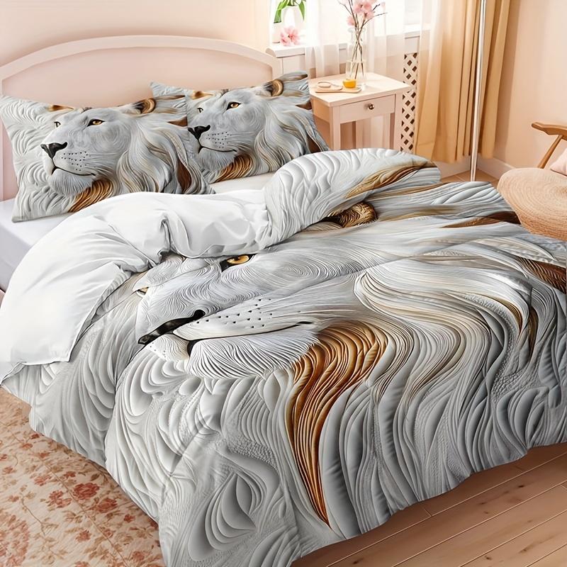 Grey 3D Lion Animal Duvet Cover Set Breathable Bedding With 1 Duvet Cover And 2 Pillowcases Machine Washable Home Dorm Decor