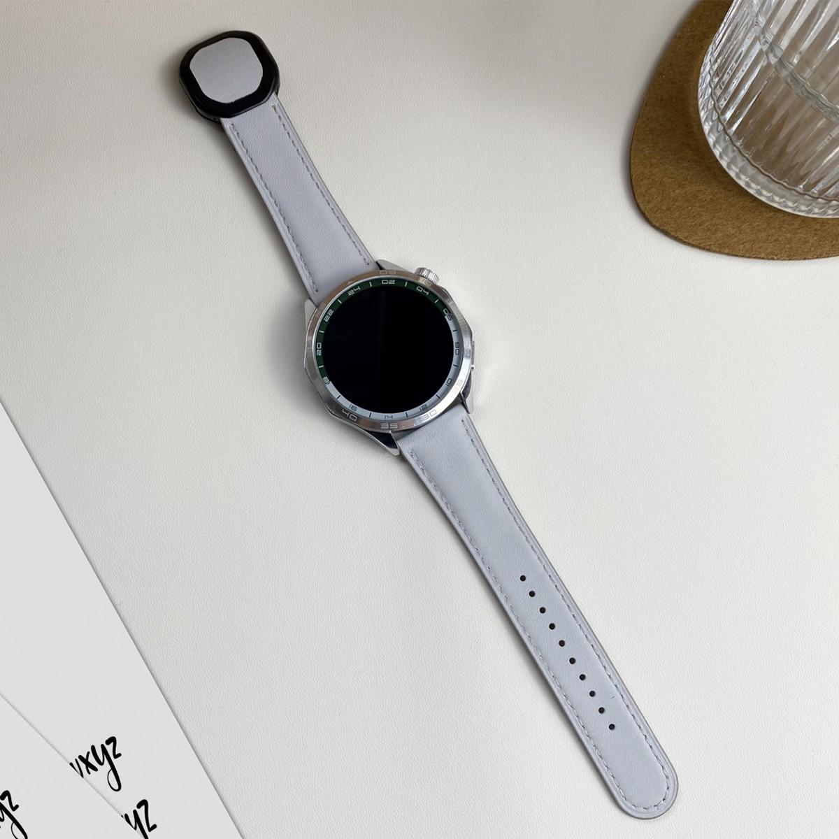 

For Huawei/Samsung/Garmin Watch Band 20mm Magnetic Genuine Cow Leather Wrist Strap Light Grey