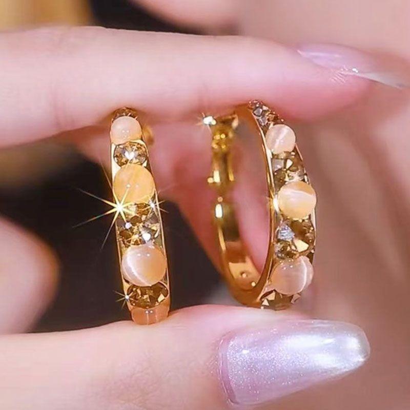 1PAIR Coffee Flash Diamond Opal Earrings Round Face Tiancai Skinny Earrings Premium Temperament Ear Buckles Earrings