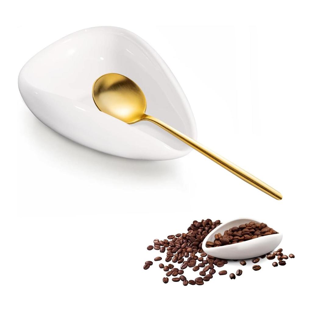 Ceramic Coffee Bean Tray & Stainless Steel Spoon Set: Collector, Display, Measuring & Weighing Use.