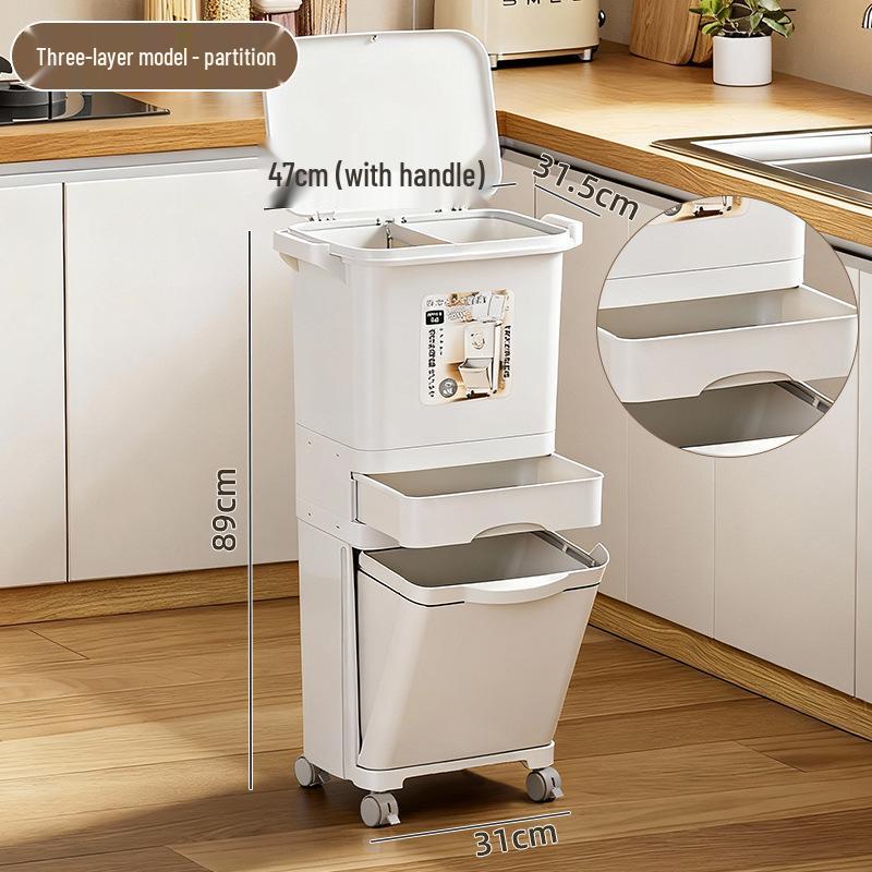 Double-Layer Press-Type Kitchen Trash Can, Thickened, Large-Capacity, Dry/Wet Separation, No Bending Needed, with Lid