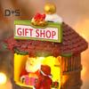 Weihnachtsdorfhaus-Ornamente im Winter, Mini-Lichter-Weihnachtsladen mit Weihnachtsmann, Harz-Desktop-Figur, Urlaubs-Wohnkultur