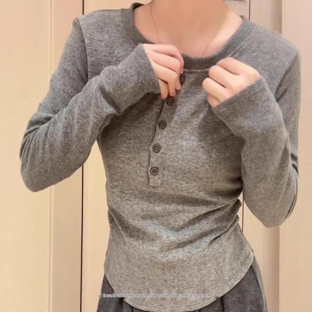 De Rong Women's Plus Velvet Cotton Slim-fit Pleated Top - Heat-generating, Brushed, and Constant Temperature Base Layer for Autumn/Winter.