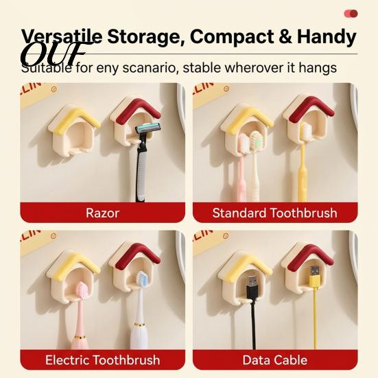 Non Marking Wall Hook Cartoon House Toothbrush Holder, Mounted Bathroom Organizer, Suspended Adhesive Mount Drainage Drying Rack for Electric