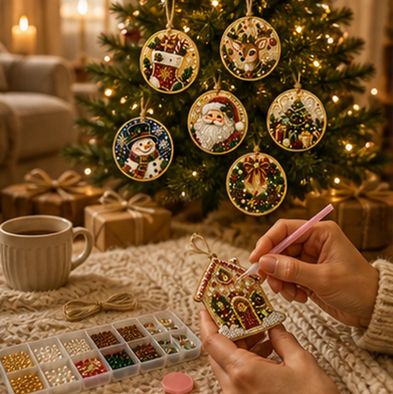 12 Stück Holz-Weihnachtsornamente DIY Perlenkunst-Set mit Perlen - Speziell geformte Edelsteine Hanfseil zum Aufhängen - 3D-Diamantkunst Weihnachtsbaum-Dekoration 6 PCS black