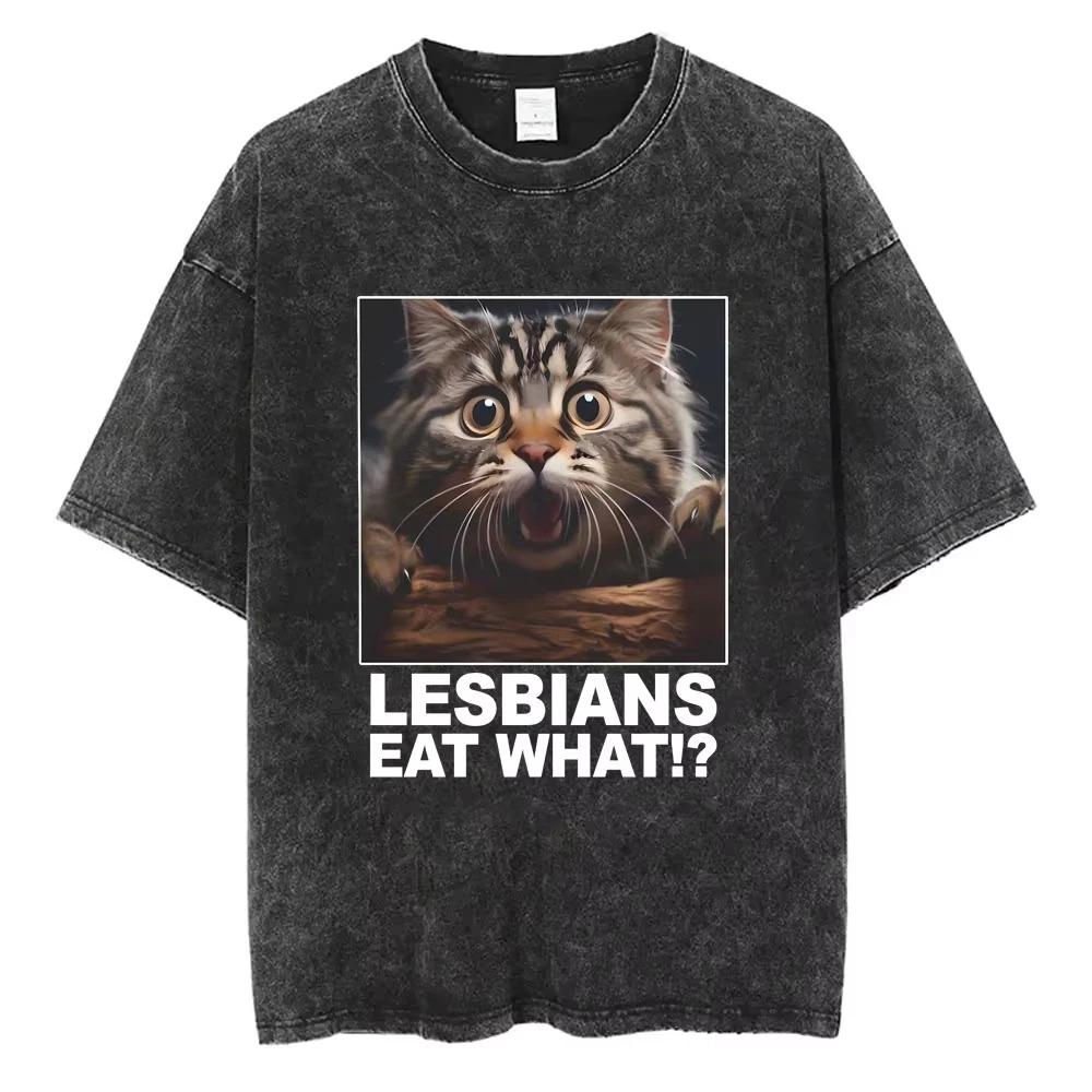 

Washed Black Cat TShirt Unisex Vintage Lesbians Eat What Graphic Tee Harajuku Style Loose Fit Short Sleeve Summer Fashion 2XL