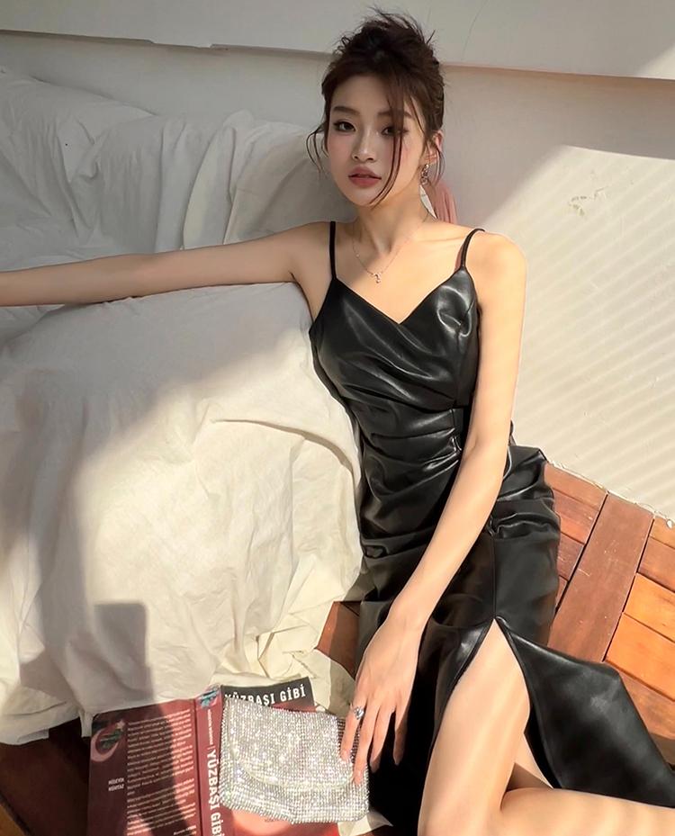 Rochie Midi din piele de primăvară pentru femei Rochie de vară vintage cu bretele spaghete Rochie neagră șic, casual, subțire