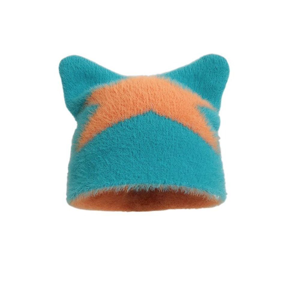 

Звездная шапка с кошачьими ушками, шерстяная, без полей, шапка-бини, вязаная шапка-пуловер для личности, для улицы cyan-star