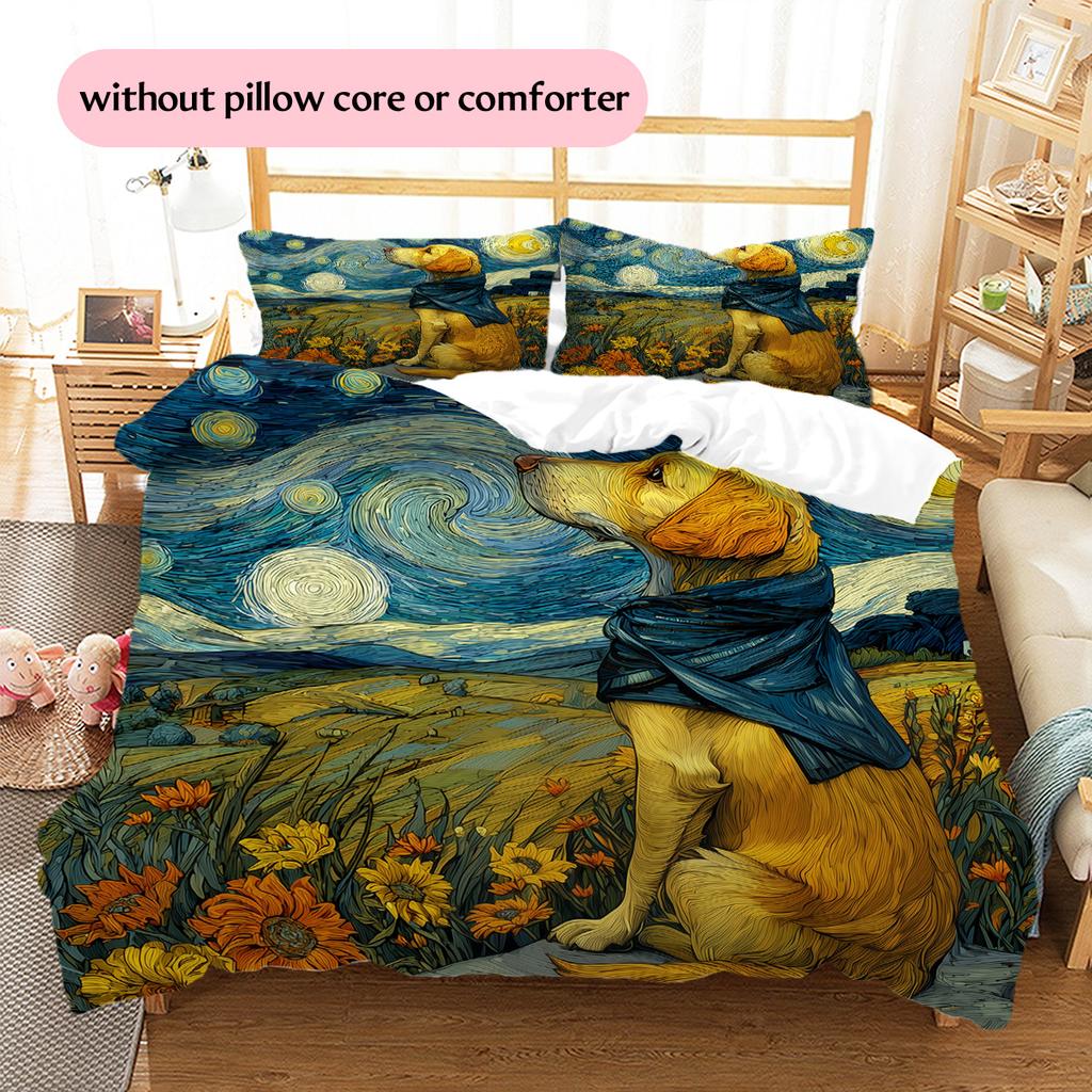 Dog Under Night Starry Sky Pattern Bedding Quilt Set Home Decoration Gift (1 * duvet cover + 2 * pillowcase without core)