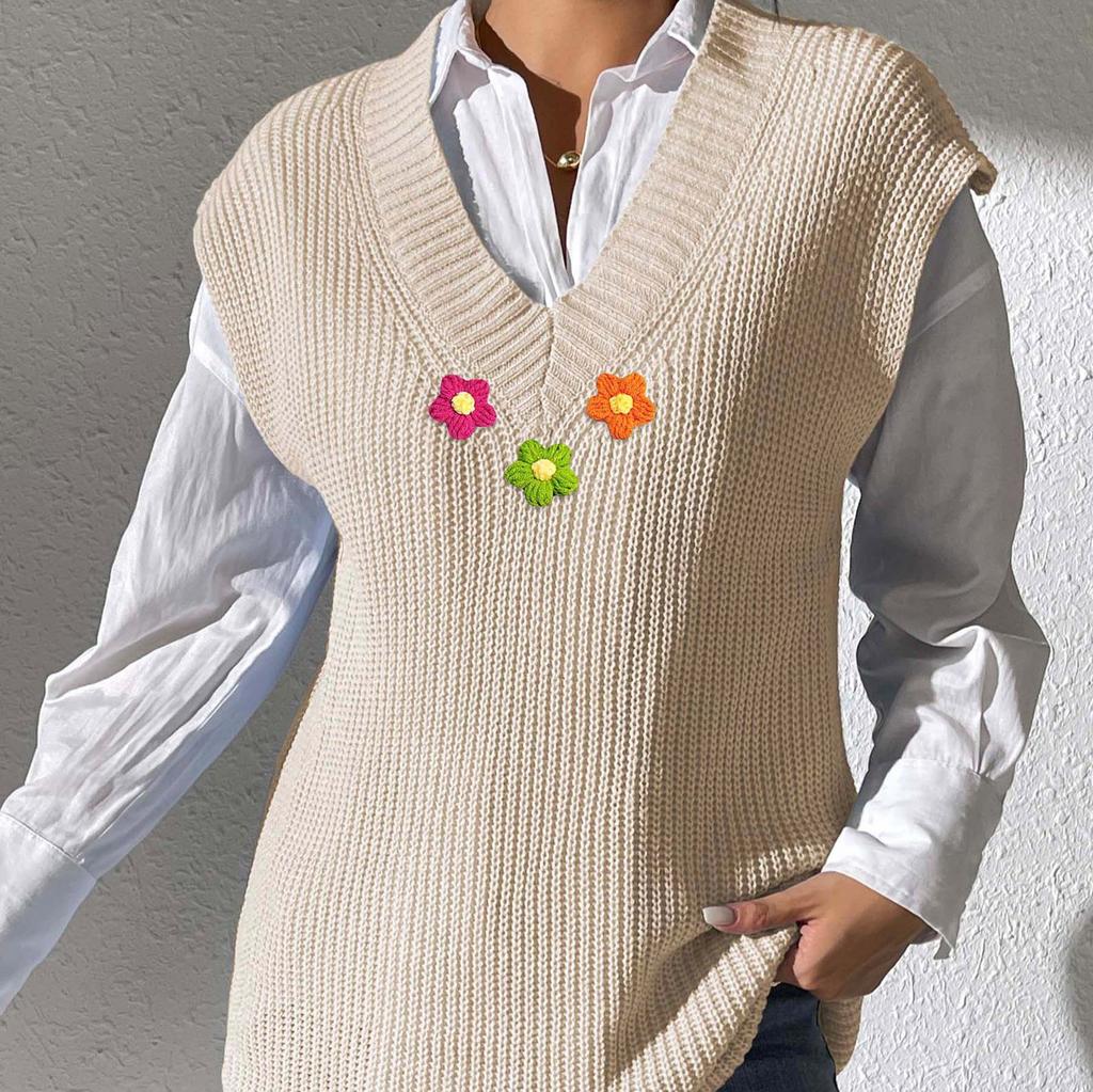 Women's Vest European and American Women's Clothing Spring and Autumn V-neck Simple Vest Hand Crochet Splicing Machine-woven Sweater Vest