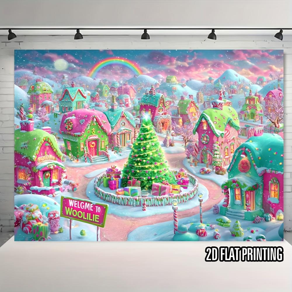 2D flat, 1pc Whoville Christmas Town party banner - 2D flat polyester background with vibrant Whoville house 100x150cm
