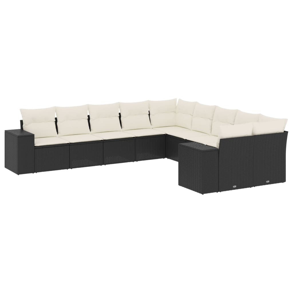 10 piece Garden Sofa Set with Cushions Black Poly Rattan