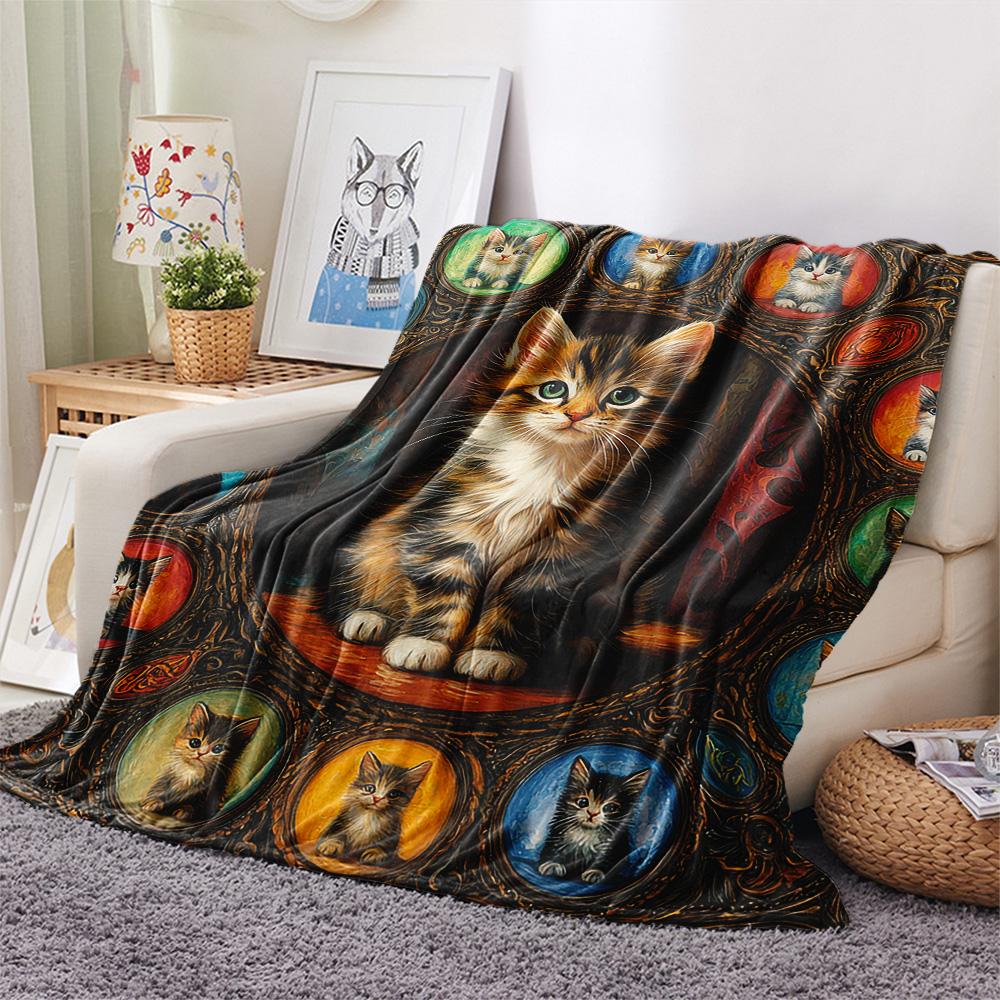 Tabby Cat Print Flannel Blanket, High quality Comfortable for All Seasons, Home Decor, Warmth and Comfort, Perfect for Christmas Gifts