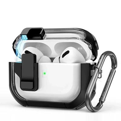 Transparent Magnetic Security Lock Switch Earphone Case With Keychain Hook For Apple Airpods Pro 2 2nd Air Pods 3 Shockproof Protection Charging Cover