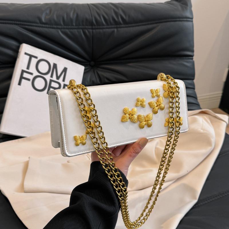 

Premium texture chain underarm small square bag pastoral style shoulder messenger bag butterfly baguette bag women белый