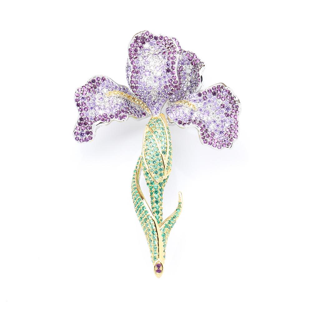 Heavy Industry Luxury Micro-inlaid Zircon Purple Three-dimensional Exaggerated Iris Brooch Elegant Atmosphere Coat Pin Accessories Women
