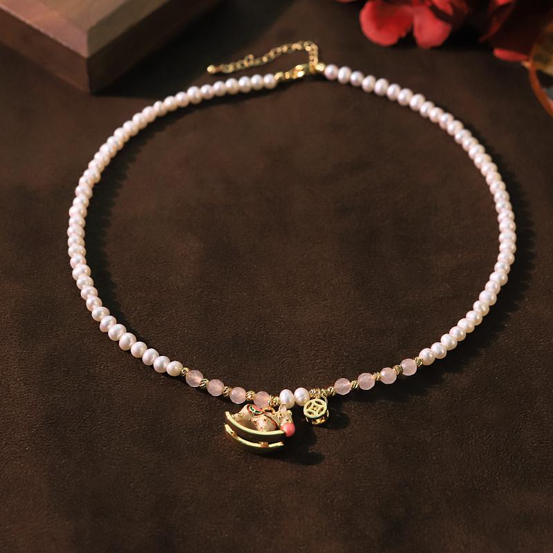GLSEEVO Natural Freshwater Pearl Pink Rocking Horse Necklace for Women Birthday Gift Pink Crystal Beads Choker Dainty Jewelry