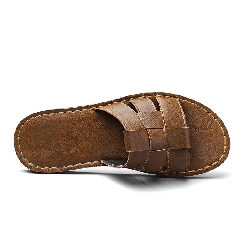 Men Slippers Handmade Simple Flats Brown Leather Sandals Black Summer Roman Sandals Open Toe Beach Shoes Plus Size