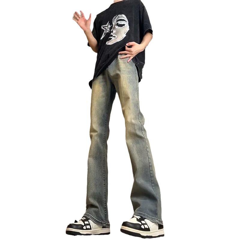 Jeans Homme Noir Coupe Droite Américain Poids Lourd - Tendance Printemps, Style High-Street Polyvalent avec Micro Évasement.