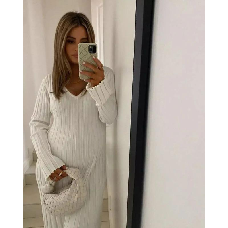 Rib-knit Side Split Maxi Dress Women Solid Color V-neck Slim Fit Robes Autumn Chic Office Lady Commuter Long Dresses