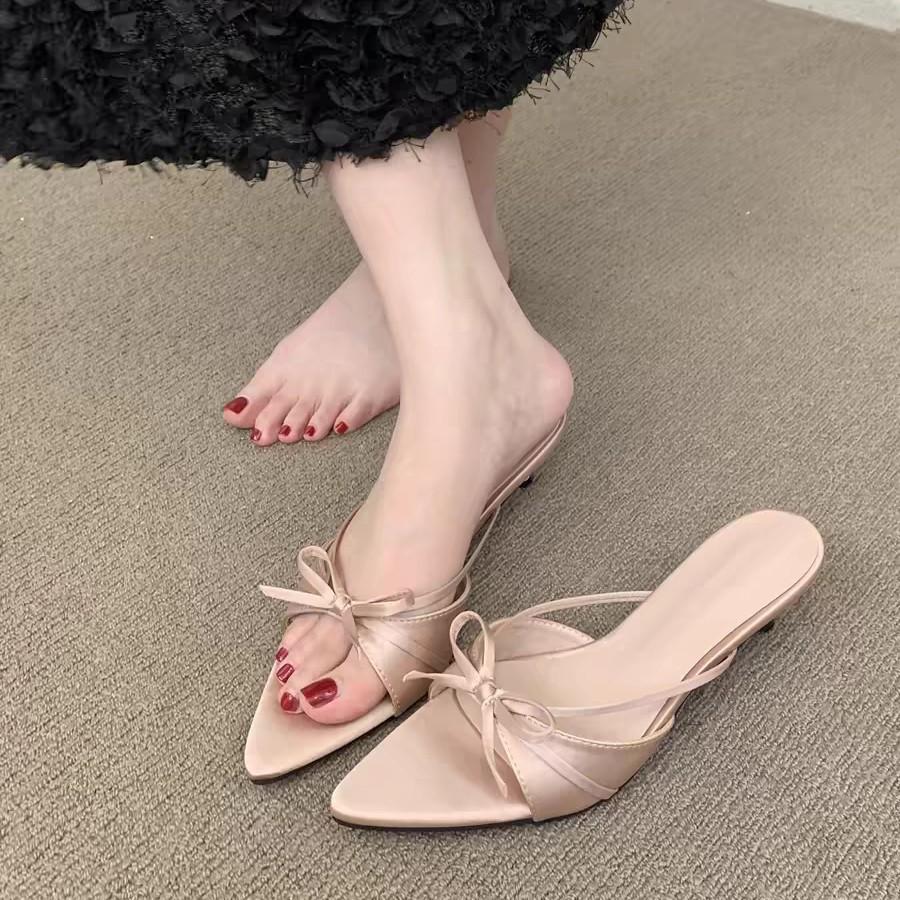 2025 summer new satin pointed head fish mouth high heels thin heel sexy word outside wear cool slippers half drag