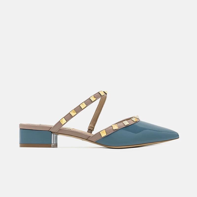 

Полушлепки с заклепками нюдового цвета, женские весенне-летние, новые, на толстом каблуке, на плоской подошве, туфли-мюли с острым носком, крутые шлепки 40 синий