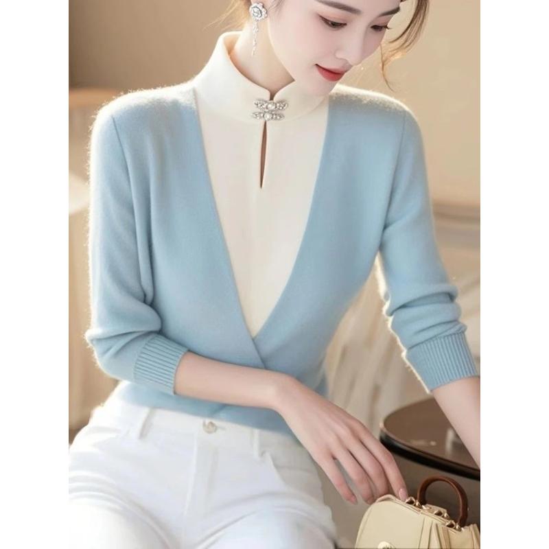 2025 New Women's Pullover Round Neck Chinese Style Fake Two-Piece Knitted Long Sleeve Sweater