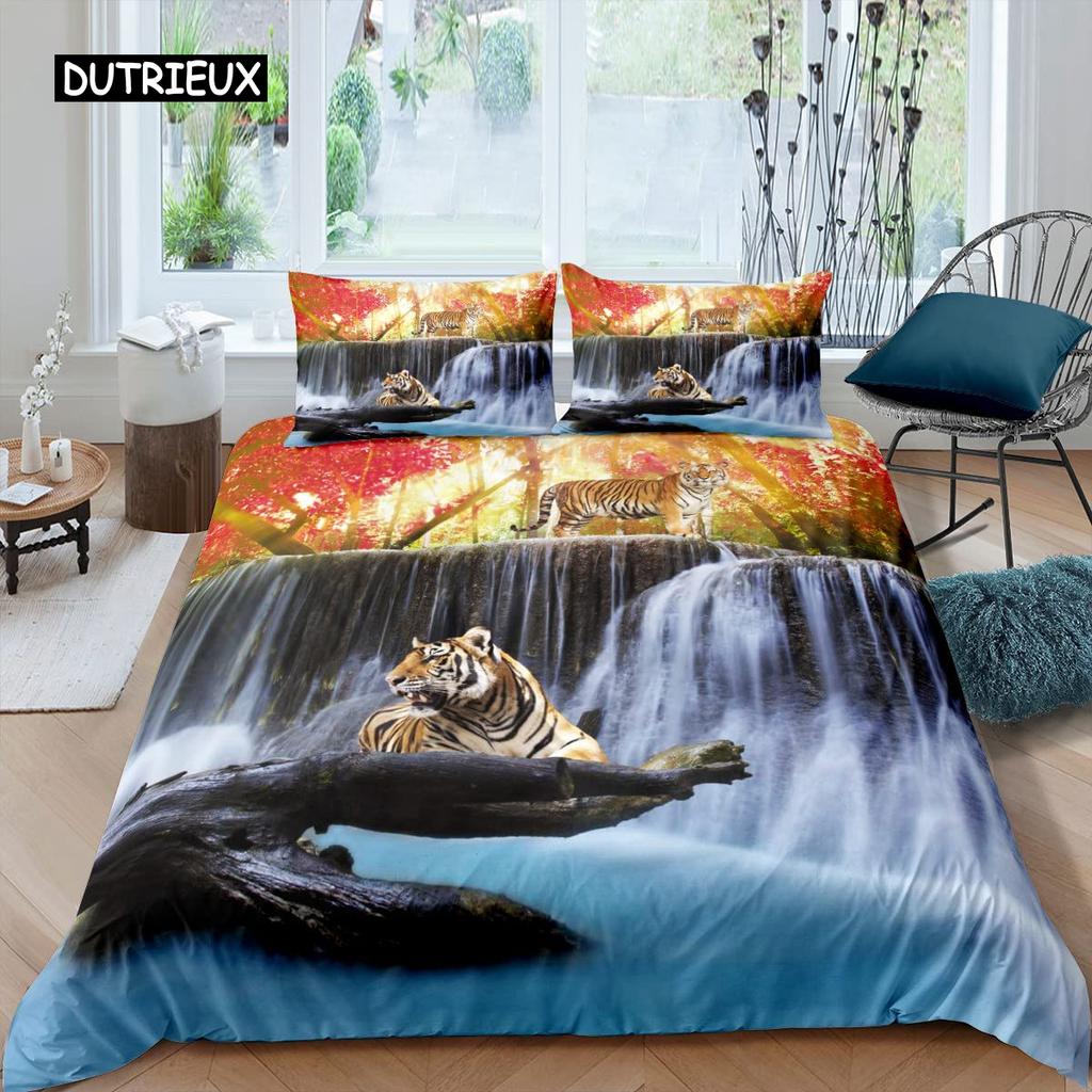 3D Waterfall Duvet Cover Set King Size Microfiber Botanical Floral Trees Pattern Bedding Set Purple Dream Theme Comforter Cover