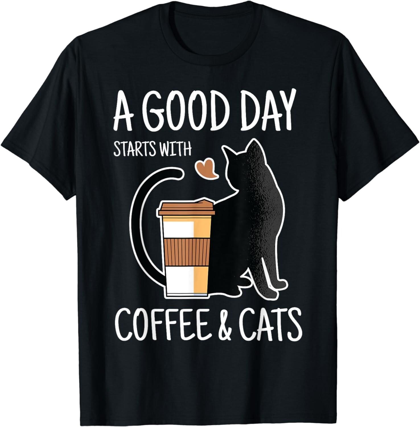 

A Good Day Starts With Coffee And Cats Funny Cute Cat Lovers Gift T-Shirt 5XL різнокольоровий
