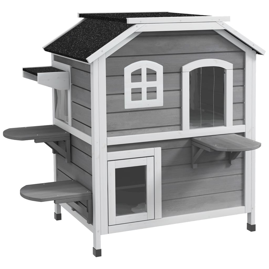 2-story Cat House Outdoor, Weatherproof Wooden Cat Enclosure with Escape Door, Openable Roof, Jumping Platforms, Grey