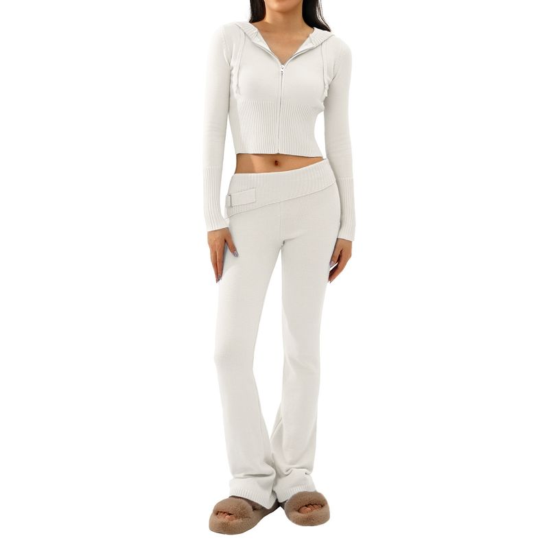 European and American New Knitted Hood Set Women Clothes Fashion Sexy High Waist Long Sleeve Trousers Two-piece Set