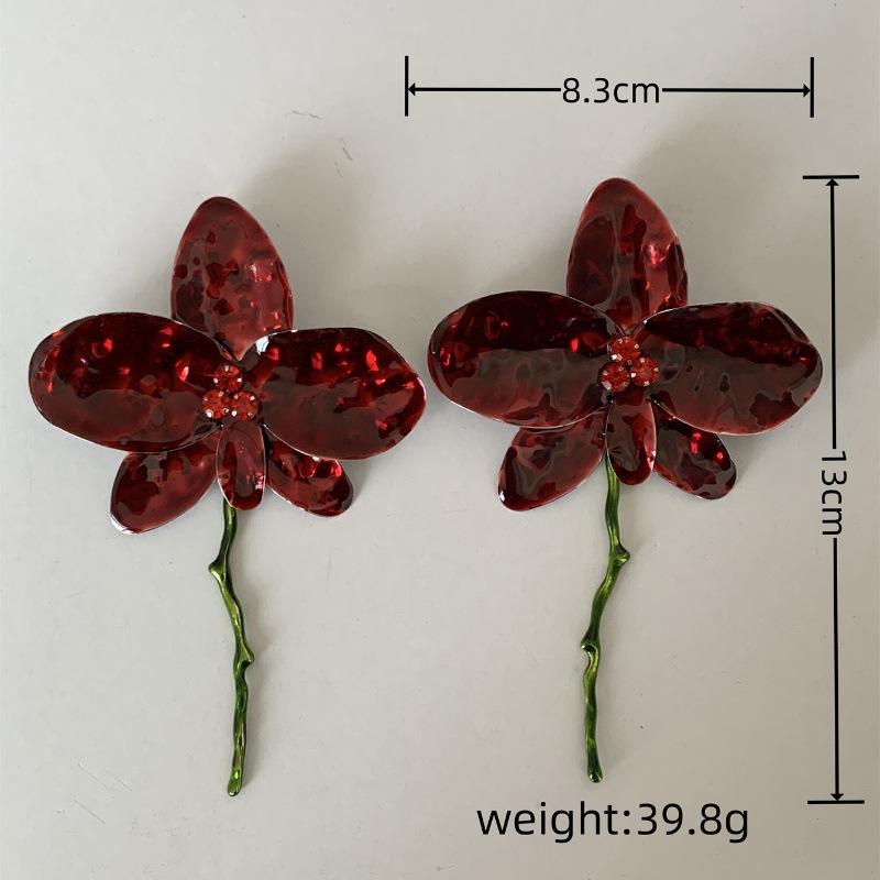 Vintage Metal Wine Red Enamel Drip Glaze Large Fower Earrings for Women Charm Exaggerated Wedding Jewelry Gift