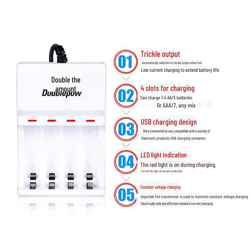 2-Slot USB Charger for 461.2V Rechargeable Lithium Battery, 5V Input