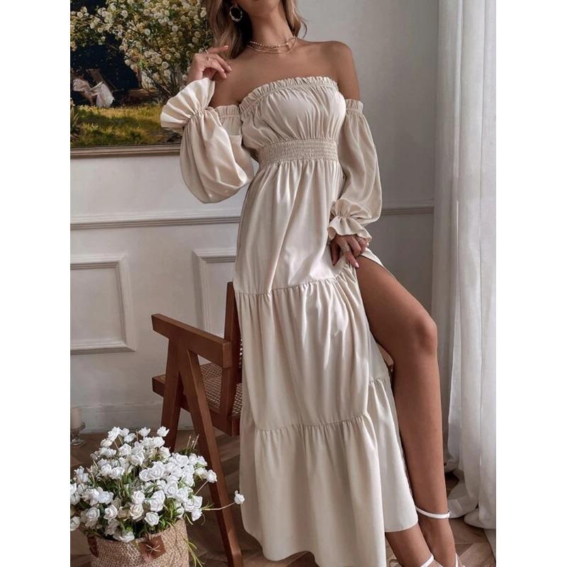New Year's Eve One-word Collar Off-the-shoulder Ruffle Edge Long-sleeved High-split Dress