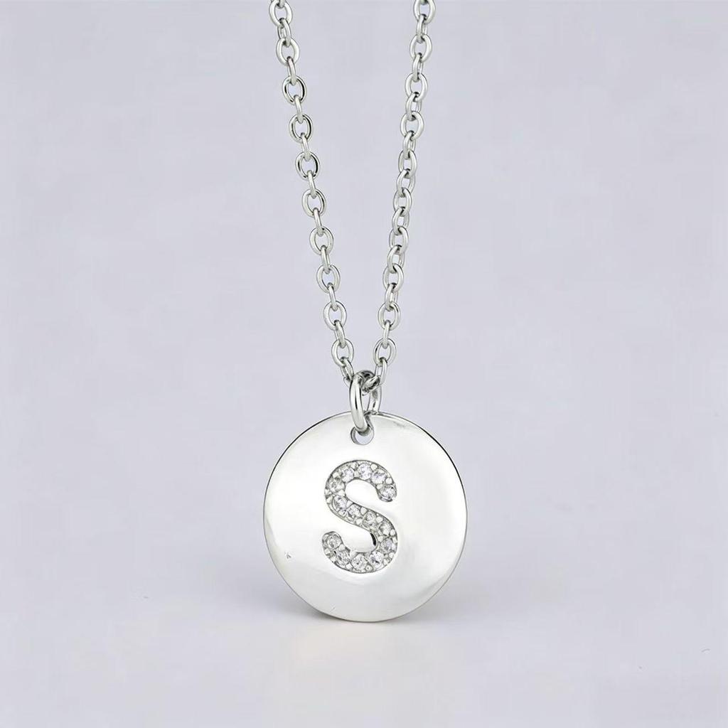 26-Letter English Alphabet Round Pendant Necklace with Micro-set Diamond 'S' Clavicle Chain