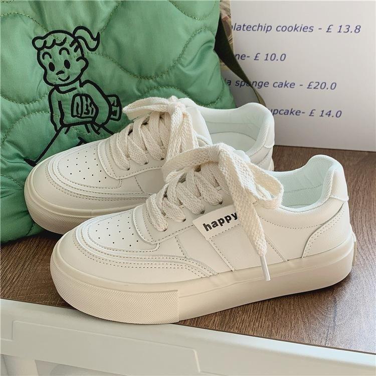 Casual Little White Shoes Autumn New Round Head Retro Lace-up Sports Shoes College Style Color Matching Thick Baseplate Shoes Women