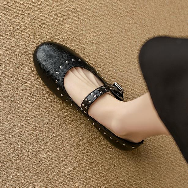 Fashion Rivet Buckle Strap Ballets Shoes Ladies Solid PU Leather Flats Woman Soft Bottom Mary Janes Femme Stud Mocassines Barefoot Shoes