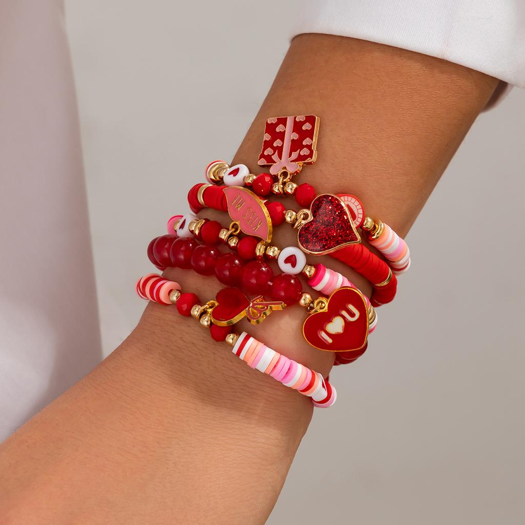 Ingemark 5Pcs/Set Christmas Sweet Romantic Red Heart Pendant Bracelets for Women CCB Elastic Chain Bangle New Year Party Jewelry