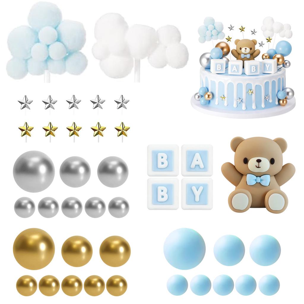 38 Stück Blauer Bär Kuchen Dekorationen Teddybär Sterne Wolken Gold Silber Schaum Junge Mädchen Geburtstag Gender Reveal Party Kuchen Dekoration