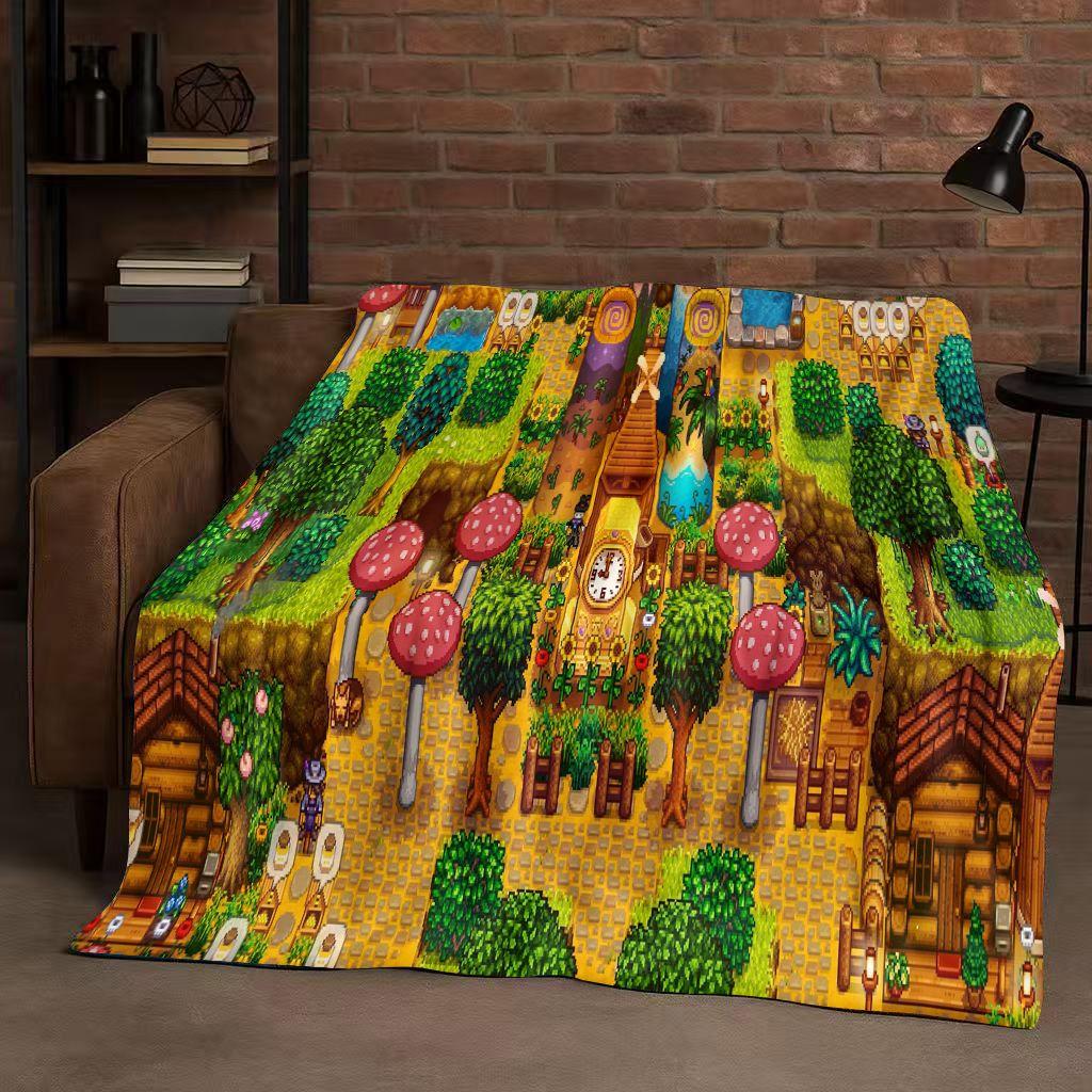 3D Retro Stardew Valley Farm Map Pixel Game Flannel Blanket,Ultra Soft Warm Plush Throw for Home Bedroom Bed Sofa Cover Kid Gift