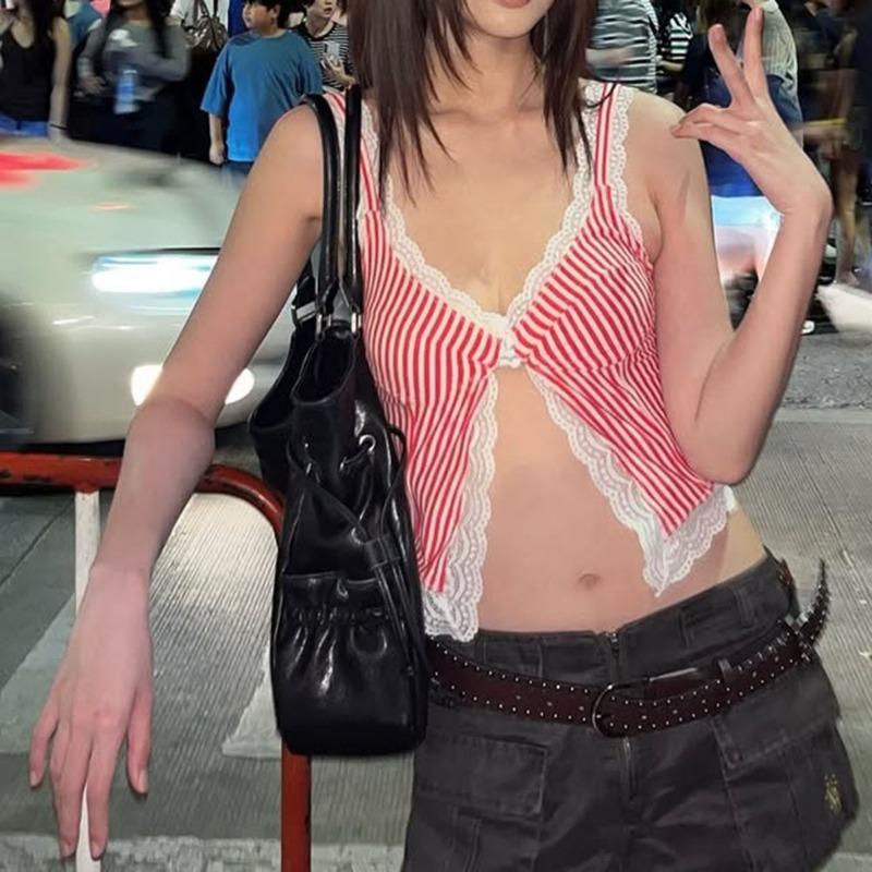 Sexy Lace Trim Striped Cropped Camisole Women Vacation Casual Tank Top