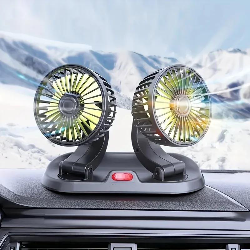 Dual-Head Car Fan – 5V/12V/24V, USB & Cigarette Lighter Compatible, 360° Rotation, Summer Gift for Cars & Trucks