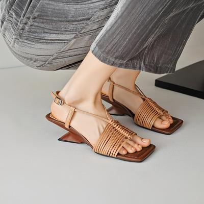 New Summer Women Sandals Square Toe Strange Heel Shoes Split Leather Shoes for Women Narrow Band Handmade Shoes Modern Sandals