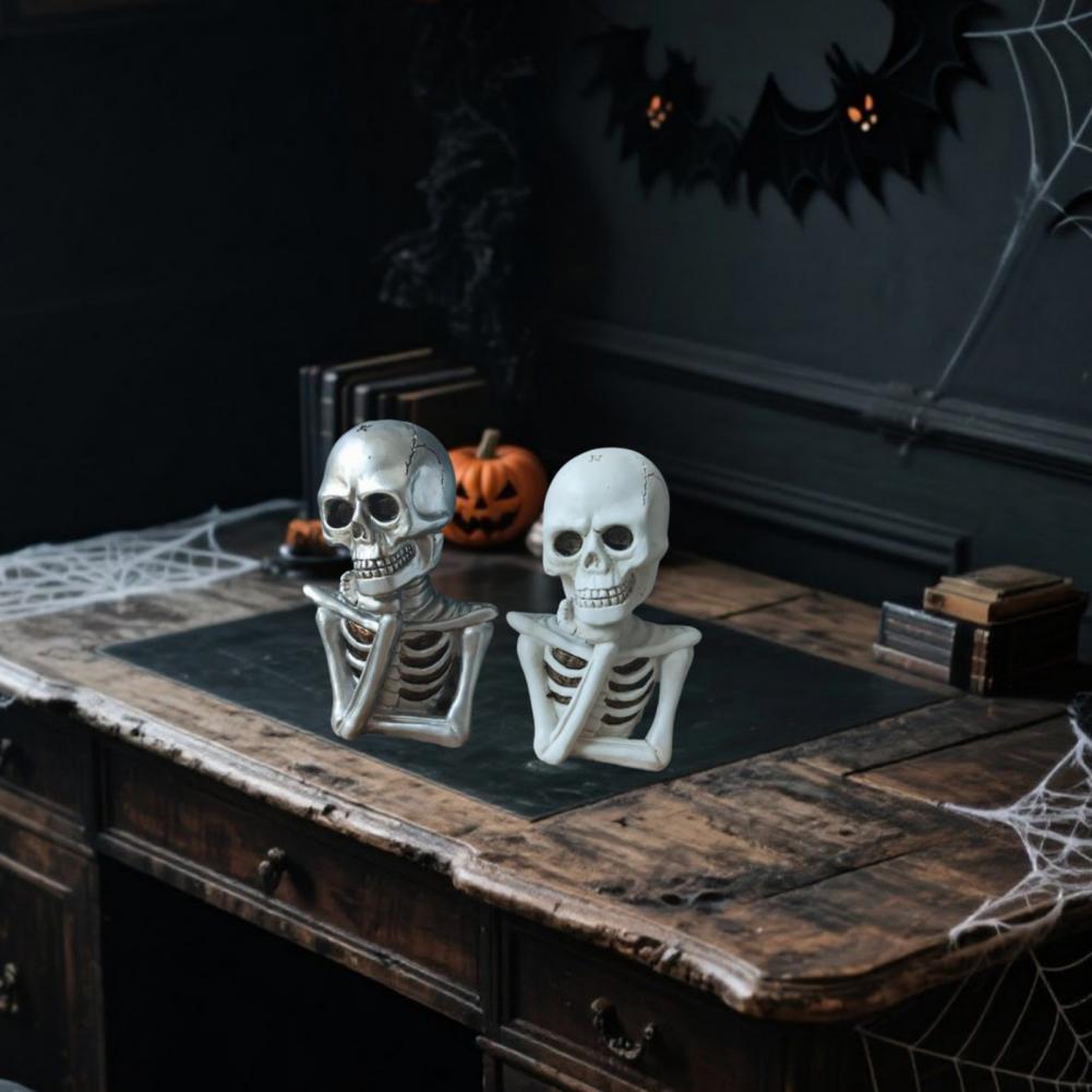 2 Pcs Gothic Skeleton Figurine Creepy Halloween Skull Statue Realistic Resin Tabletop Ornament for Home Bookshelf Decoration