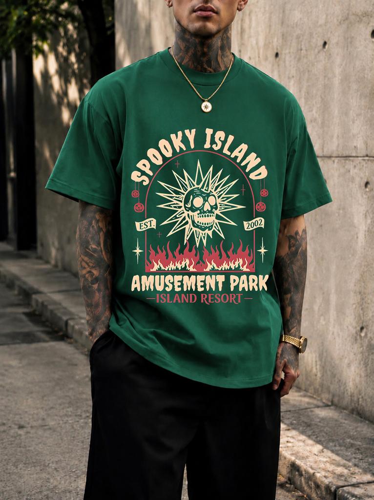 2026 New Pure Cotton Tshirt Ghost Island Amuseunisext Park Retro Horror Print Crew Neck Short Sleeve Casual Top