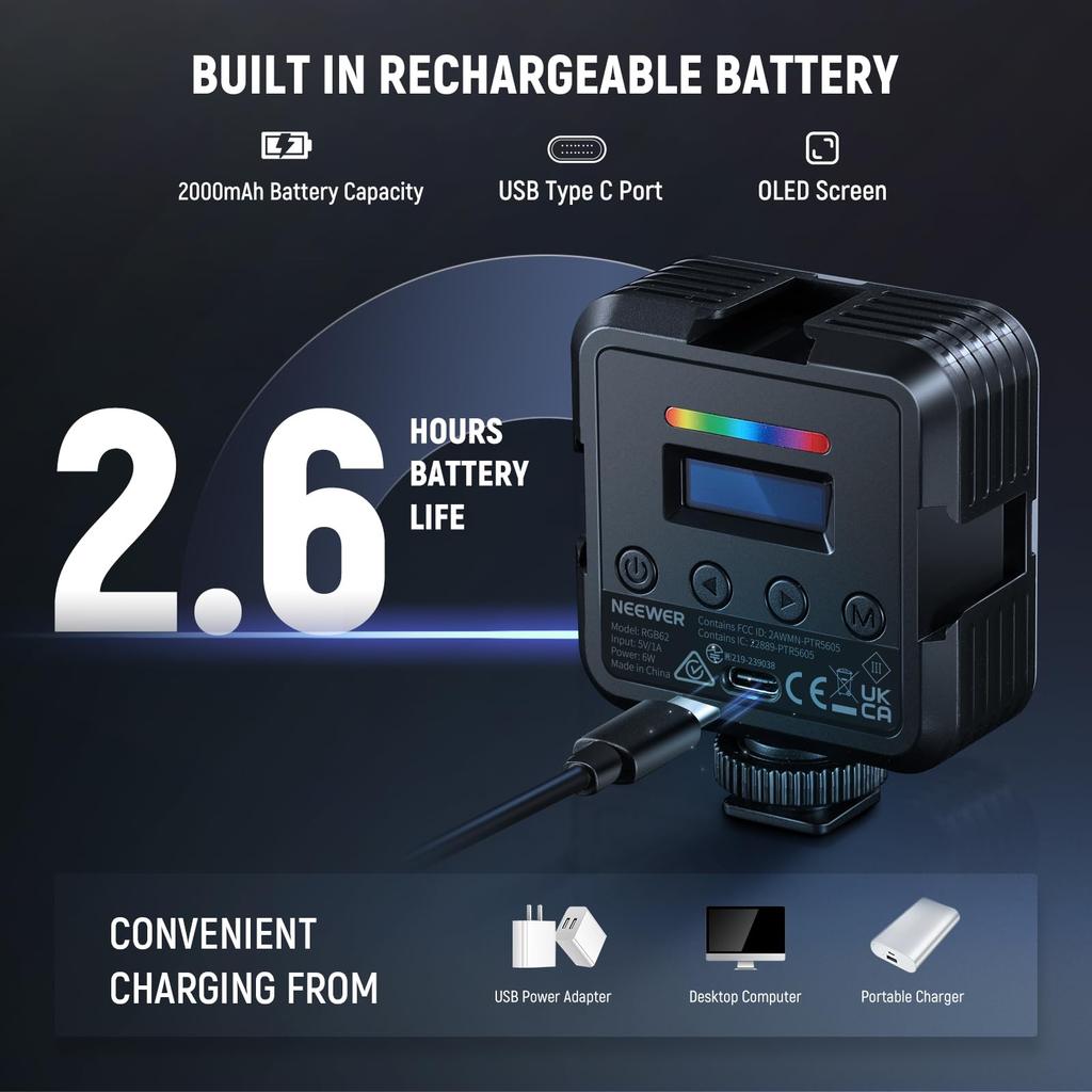 NEEWER RGB62 Magnet Video Light RGB Shooting Light APP Control 360° Full Color LED Camera Light CRI97+ Dimmable 2500K-8500K 17 Scene Modes