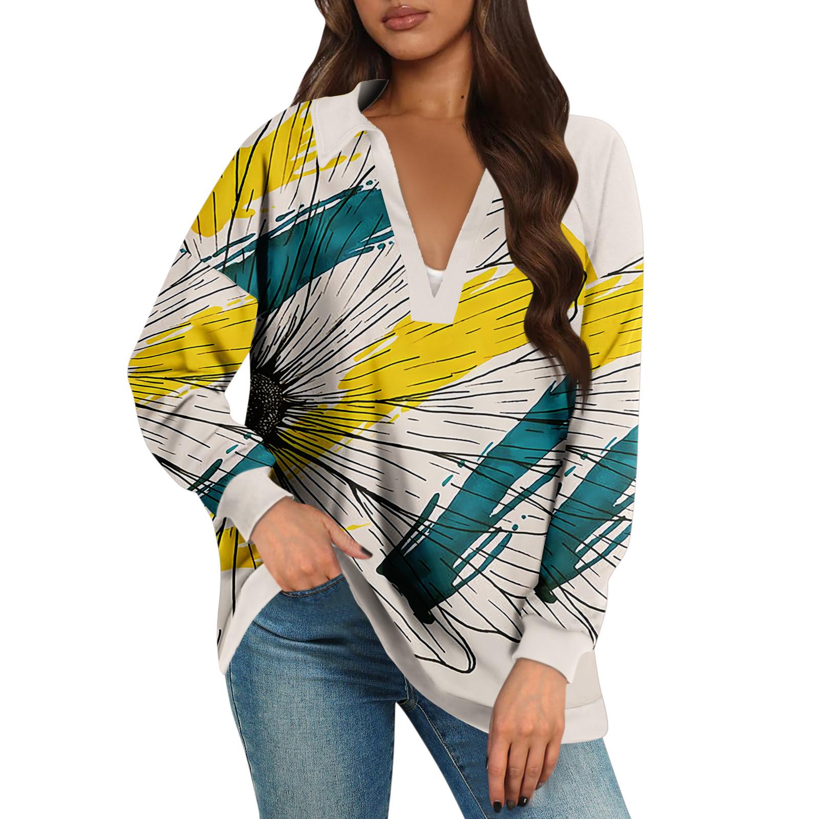 

Женские свободные толстовки осенние топы с длинным рукавом V-образным вырезом повседневный пуловер с принтом топ милая повседневная одежда L бежевый