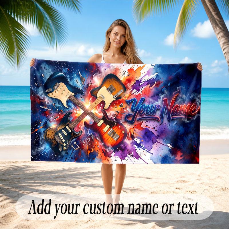 Music Guitar Theme Beach Towel Personalized Custom Name & Text Soft Quick Dry Beach Towel for Swimming Travel