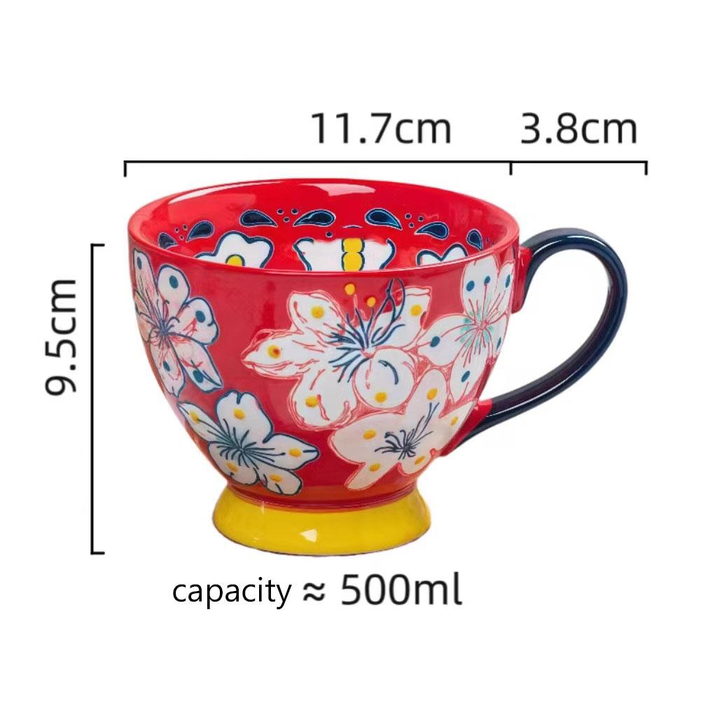 500ml Hand-Painted Ceramic Breakfast Mug – Colorful Glaze Flora lLarge Cup with Wide Mouth – Microwave & Dishwasher Safe